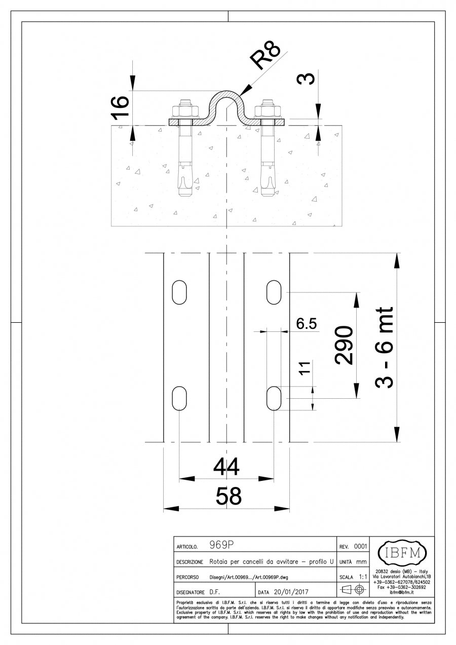 IBFM Art. 969/P Rotaia per Cancelli da Avvitare con tondo 16 mm