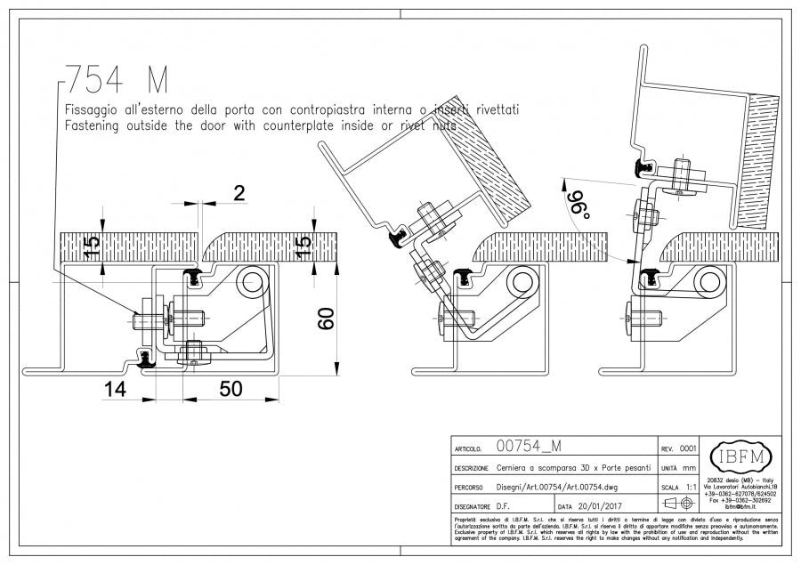 IBFM Art. 754/M Cerniera a Scomparsa 3D per profili Forster, Voestalpine, Palladio con rivestimento
