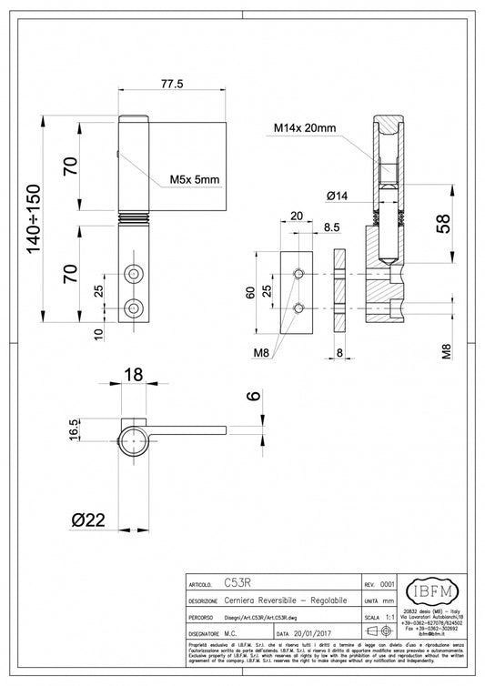 IBFM Art. C53/R Cerniera Reversibile Regolabile - Perno Corto